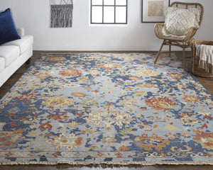 HomeRoots 4' Hand-Knotted Wool Floral Area Rug in Blue Gray and Red with Fringe - Timeless Elegance for Any Room 2' X 3' 567366