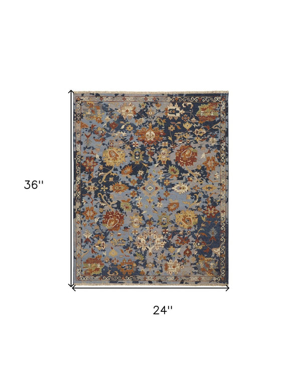 HomeRoots 4' Hand-Knotted Wool Floral Area Rug in Blue Gray and Red with Fringe - Timeless Elegance for Any Room 2' X 3' 567366
