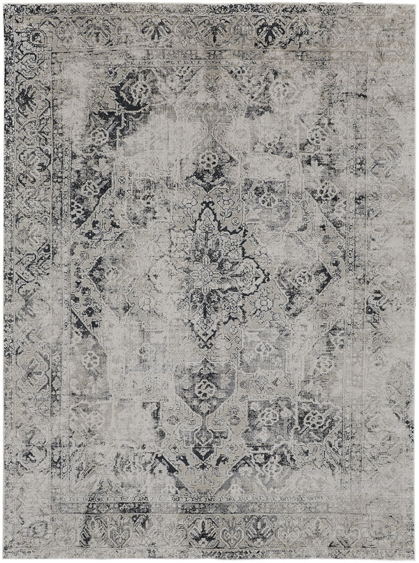 Homeroots 7' X 10' Black And Gray Abstract Power Loom Worn Faded Area Rug Black Polyester 567367