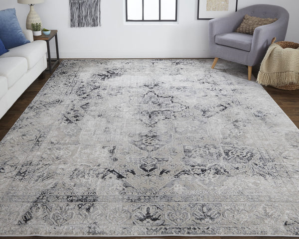 Homeroots 7' X 10' Black And Gray Abstract Power Loom Worn Faded Area Rug Black Polyester 567367