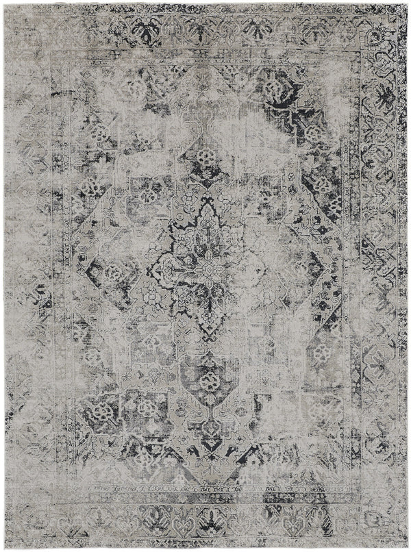 Homeroots 7' X 10' Black And Gray Abstract Power Loom Worn Faded Area Rug Black Polyester 567367