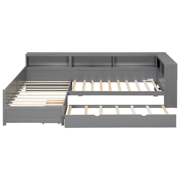 English Elm Wood Twin L-shaped Platform Bed Trundle Shelves Charging Station Kids Room Grey N7090001045E-1