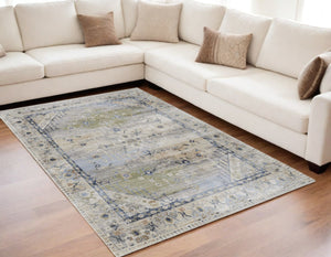 HomeRoots 5' Abstract Area Rug in Soft Ivory, Green & Blue - Durable, Stain-Resistant & Stylish for Homes 5' X 8' 567380