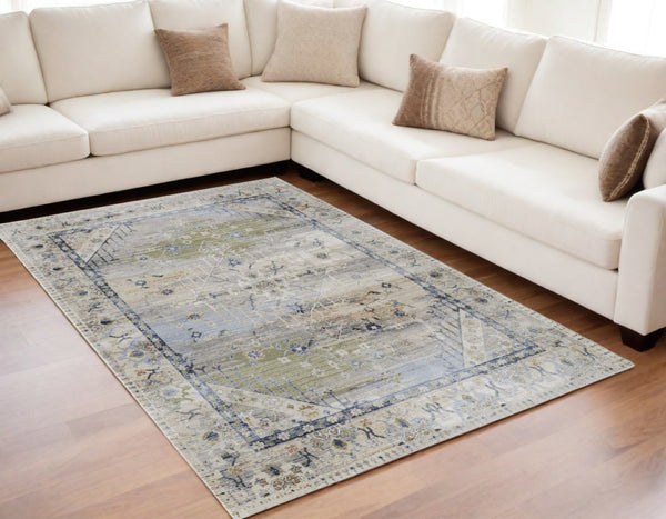 HomeRoots 5' Abstract Area Rug in Soft Ivory, Green & Blue - Durable, Stain-Resistant & Stylish for Homes 5' X 8' 567380