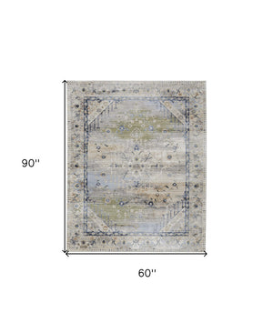 HomeRoots 5' Abstract Area Rug in Soft Ivory, Green & Blue - Durable, Stain-Resistant & Stylish for Homes 5' X 8' 567380