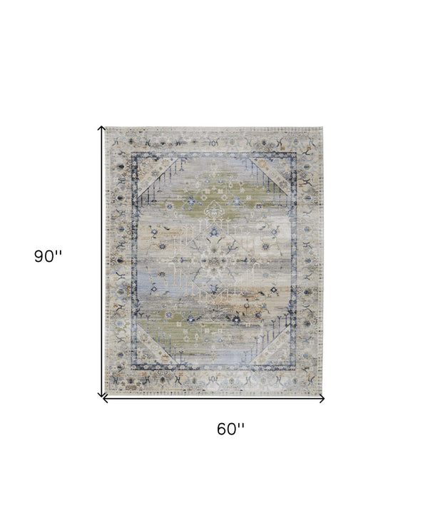 HomeRoots 5' Abstract Area Rug in Soft Ivory, Green & Blue - Durable, Stain-Resistant & Stylish for Homes 5' X 8' 567380