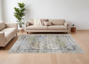 HomeRoots 5' Abstract Area Rug in Soft Ivory, Green & Blue - Durable, Stain-Resistant & Stylish for Homes 7' X 10' 567381