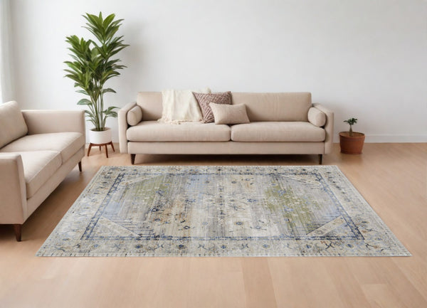HomeRoots 5' Abstract Area Rug in Soft Ivory, Green & Blue - Durable, Stain-Resistant & Stylish for Homes 7' X 10' 567381