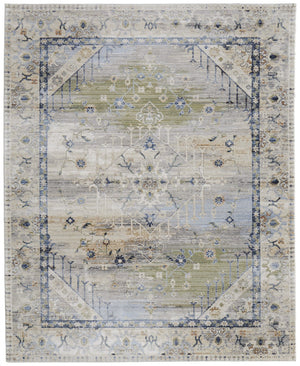 HomeRoots 5' Abstract Area Rug in Soft Ivory, Green & Blue - Durable, Stain-Resistant & Stylish for Homes 8' X 10' 567382