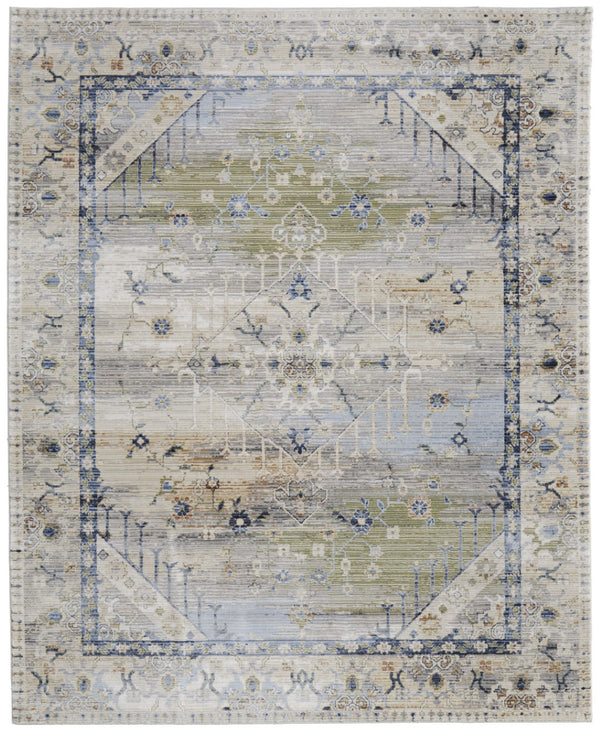 HomeRoots 5' Abstract Area Rug in Soft Ivory, Green & Blue - Durable, Stain-Resistant & Stylish for Homes 9' X 13' 567383