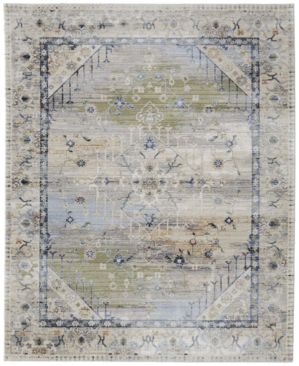 HomeRoots 5' Abstract Area Rug in Soft Ivory, Green & Blue - Durable, Stain-Resistant & Stylish for Homes 9' X 13' 567383