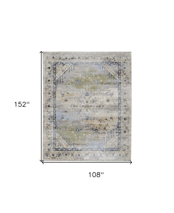 HomeRoots 5' Abstract Area Rug in Soft Ivory, Green & Blue - Durable, Stain-Resistant & Stylish for Homes 9' X 13' 567383