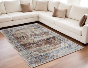 HomeRoots 5' Abstract Area Rug in Soft Ivory, Green & Blue - Durable, Stain-Resistant & Stylish for Homes 5' X 8' 567385