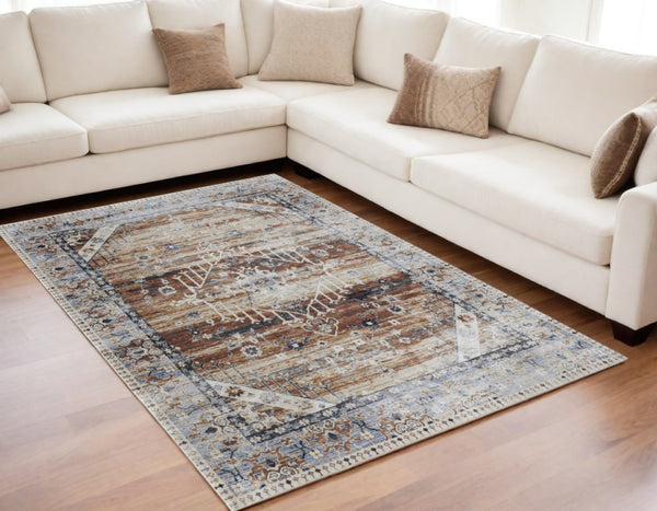 HomeRoots 5' Abstract Area Rug in Soft Ivory, Green & Blue - Durable, Stain-Resistant & Stylish for Homes 5' X 8' 567385