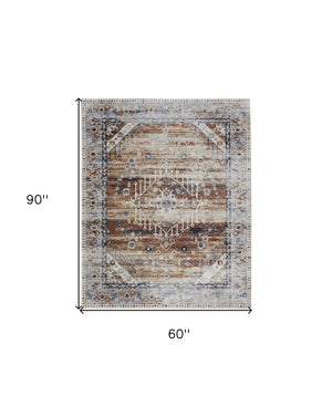 HomeRoots 5' Abstract Area Rug in Soft Ivory, Green & Blue - Durable, Stain-Resistant & Stylish for Homes 5' X 8' 567385