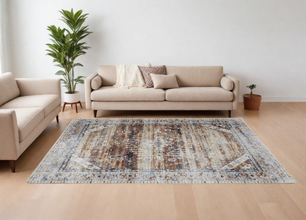 HomeRoots 5' Abstract Area Rug in Soft Ivory, Green & Blue - Durable, Stain-Resistant & Stylish for Homes 7' X 10' 567386