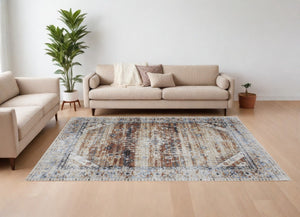 HomeRoots 5' Abstract Area Rug in Soft Ivory, Green & Blue - Durable, Stain-Resistant & Stylish for Homes 9' X 13' 567388