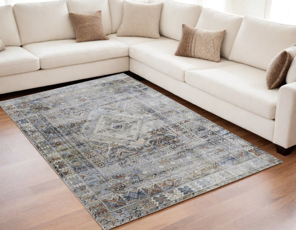 HomeRoots 5' Abstract Power Loom Area Rug in Gray-Blue and Red – Stylish, Durable, and Low-Maintenance Décor Piece 5' X 8' 567390