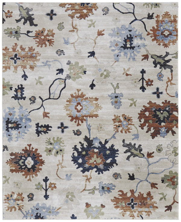 HomeRoots 5' Elegant Ivory Red and Blue Floral Area Rug - Timeless Power Loom Design for Stylish Homes 5' X 8' 567395