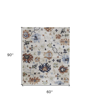 HomeRoots 5' Elegant Ivory Red and Blue Floral Area Rug - Timeless Power Loom Design for Stylish Homes 5' X 8' 567395