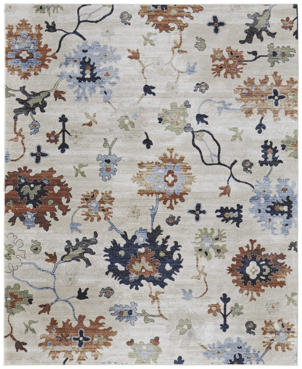 HomeRoots 5' Elegant Ivory Red and Blue Floral Area Rug - Timeless Power Loom Design for Stylish Homes 7' X 10' 567396