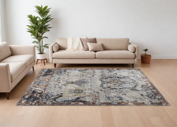 Homeroots 7' X 10' Gray Black And Red Ikat Power Loom Area Rug Ivory Polypropylene 567401