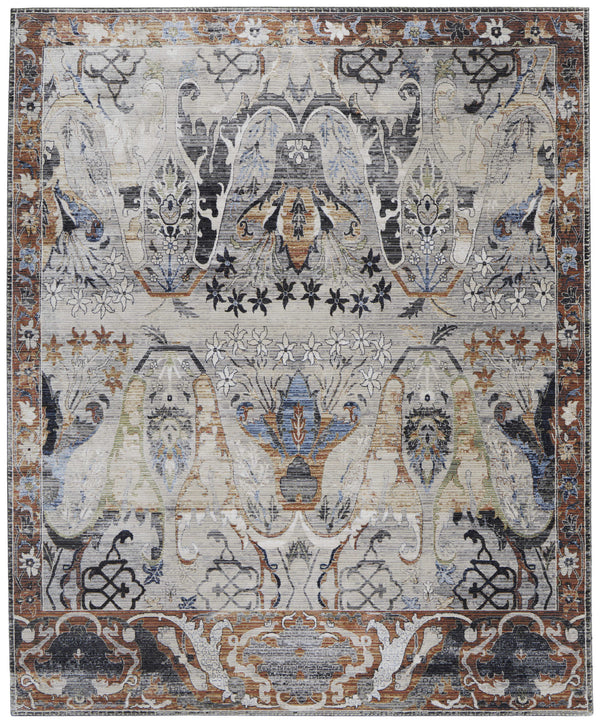 Homeroots 7' X 10' Gray Black And Red Ikat Power Loom Area Rug Ivory Polypropylene 567401