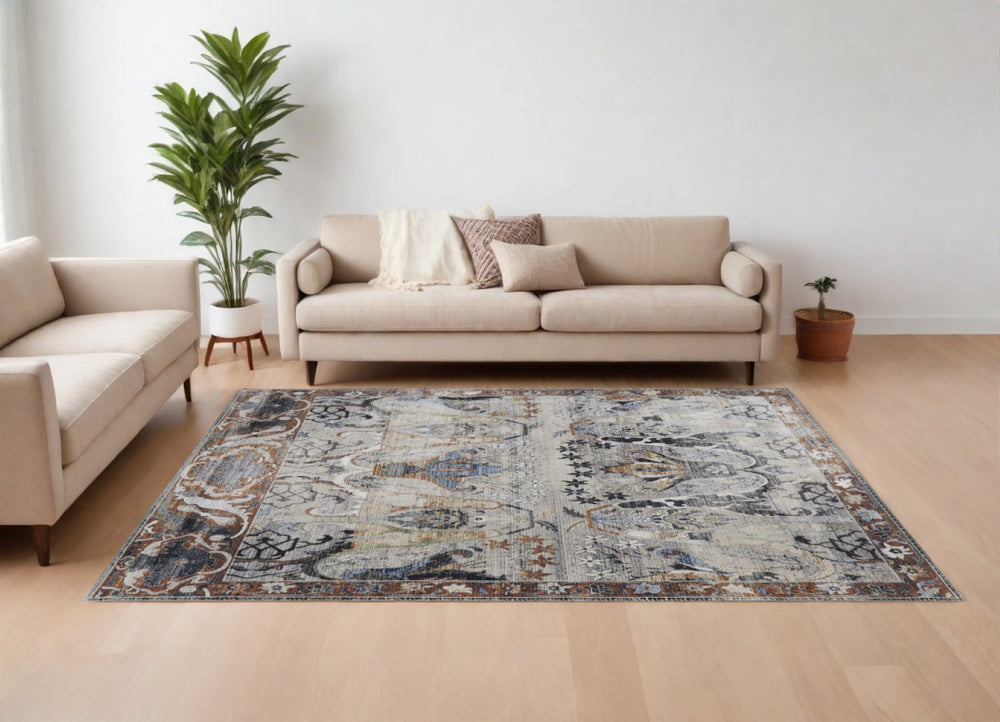 HomeRoots 5' Bold Ikat Power Loom Area Rug in Gray, Black & Red - Stain-Resistant, Stylish & Durable Design 9' X 13' 567403