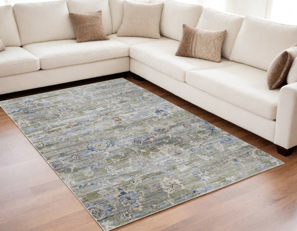 HomeRoots 5' Ivory Green and Blue Floral Area Rug – Durable, Power-Loomed Design for Elegant Living Spaces 5' X 8' 567405