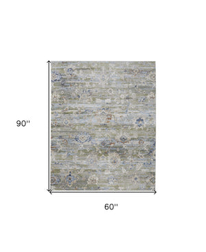HomeRoots 5' Ivory Green and Blue Floral Area Rug – Durable, Power-Loomed Design for Elegant Living Spaces 5' X 8' 567405
