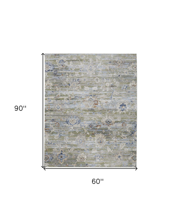 HomeRoots 5' Ivory Green and Blue Floral Area Rug – Durable, Power-Loomed Design for Elegant Living Spaces 5' X 8' 567405