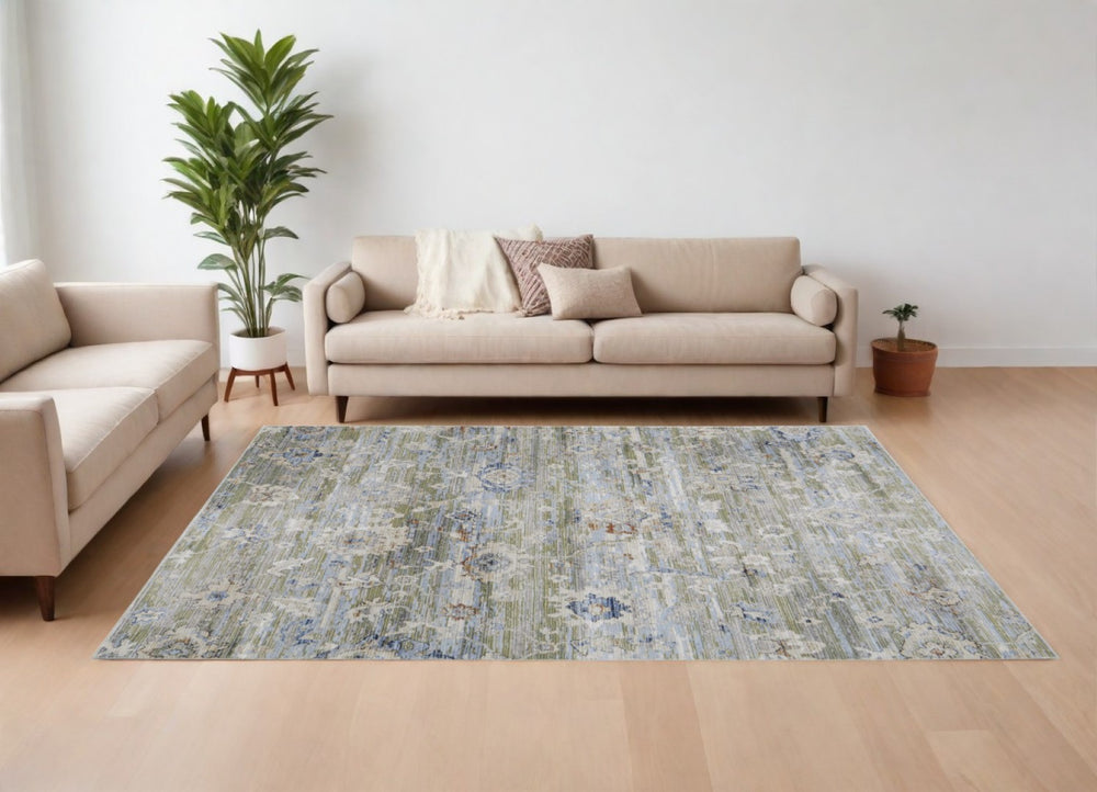 HomeRoots 5' Ivory Green and Blue Floral Area Rug – Durable, Power-Loomed Design for Elegant Living Spaces 8' X 10' 567407