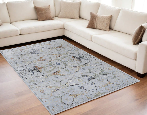 HomeRoots 5' Gray Blue and Green Floral Power Loom Area Rug - Stylish, Durable, Stain-Resistant for Homes 5' X 8' 567410