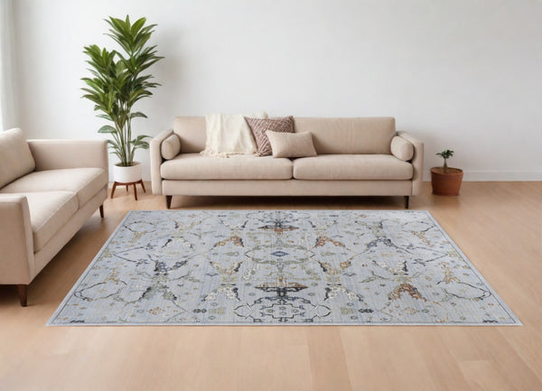 HomeRoots 5' Gray Blue and Green Floral Power Loom Area Rug - Stylish, Durable, Stain-Resistant for Homes 8' X 10' 567412