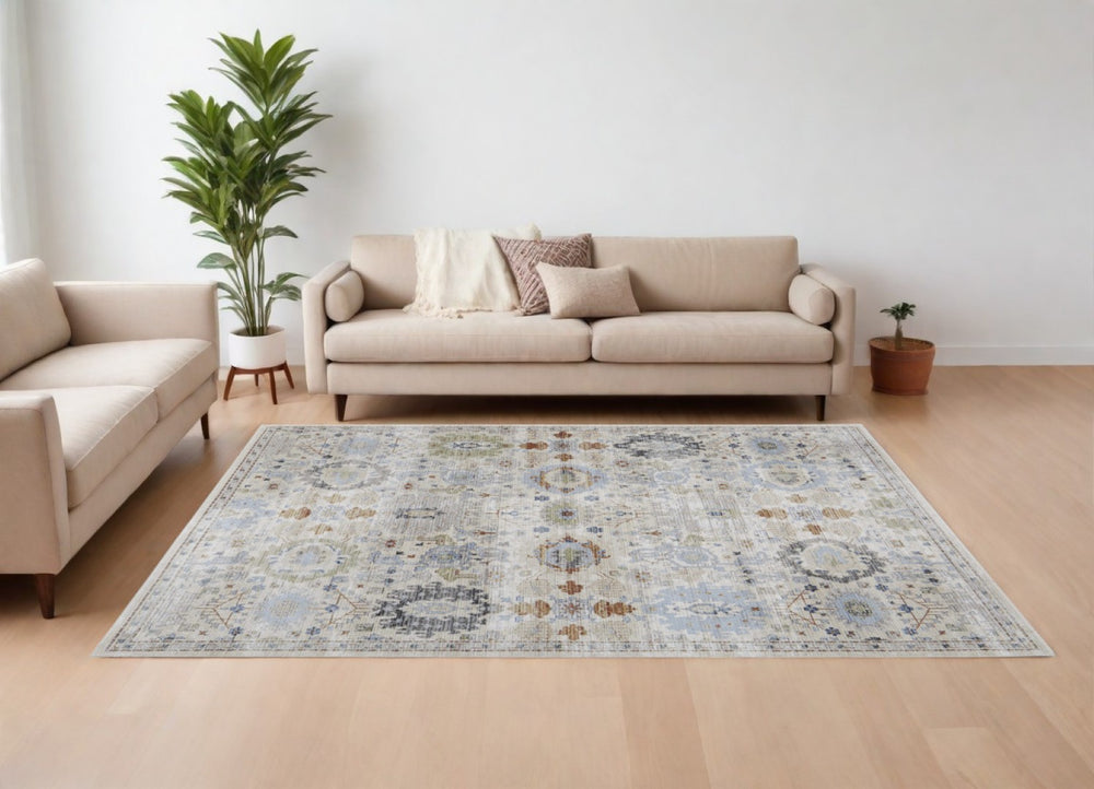 HomeRoots 5' Elegant Floral Power Loom Area Rug in Ivory, Red & Blue - Stain Resistant & Durable Design 8' X 10' 567417