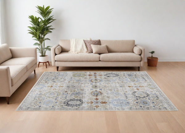 HomeRoots 5' Elegant Floral Power Loom Area Rug in Ivory, Red & Blue - Stain Resistant & Durable Design 8' X 10' 567417