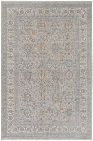 Homeroots 8' X 10' Silver Taupe And Blue Oriental Power Loom Worn Faded Area Rug With Fringe Taupe Polyester 567423
