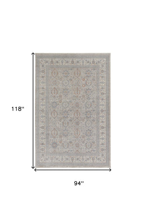 Homeroots 8' X 10' Silver Taupe And Blue Oriental Power Loom Worn Faded Area Rug With Fringe Taupe Polyester 567423