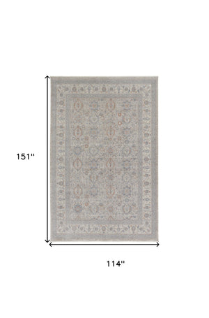 Homeroots 9' X 13' Silver Taupe And Blue Oriental Power Loom Worn Faded Area Rug With Fringe Taupe Polyester 567424