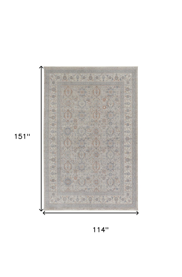 Homeroots 9' X 13' Silver Taupe And Blue Oriental Power Loom Worn Faded Area Rug With Fringe Taupe Polyester 567424