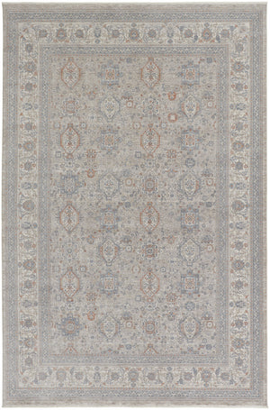 Homeroots 9' X 13' Silver Taupe And Blue Oriental Power Loom Worn Faded Area Rug With Fringe Taupe Polyester 567424