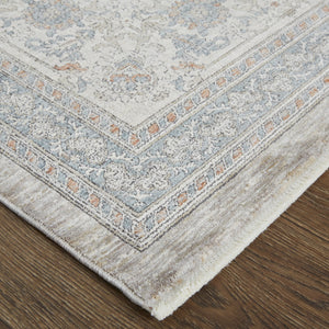 Homeroots 8' Silver Taupe And Blue Oriental Power Loom Worn Faded Runner Rug With Fringe Taupe Polyester 567425