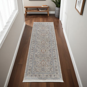 Homeroots 8' Silver Taupe And Blue Oriental Power Loom Worn Faded Runner Rug With Fringe Taupe Polyester 567425