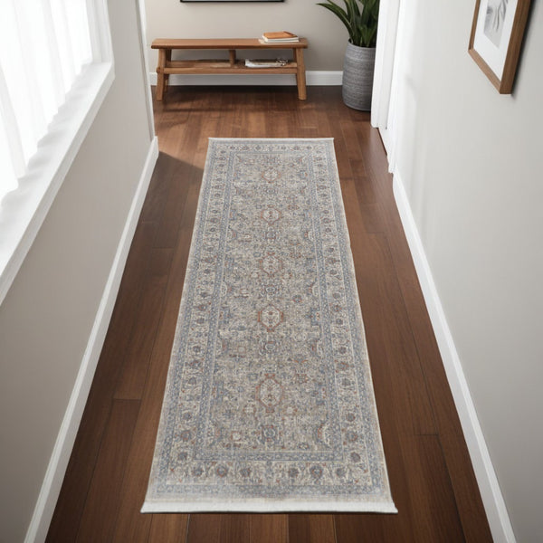 Homeroots 8' Silver Taupe And Blue Oriental Power Loom Worn Faded Runner Rug With Fringe Taupe Polyester 567425