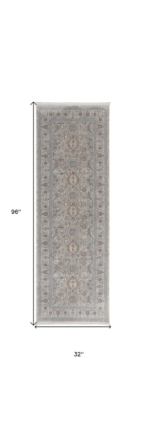 Homeroots 8' Silver Taupe And Blue Oriental Power Loom Worn Faded Runner Rug With Fringe Taupe Polyester 567425