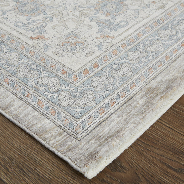 Homeroots 10' Silver Taupe And Blue Oriental Power Loom Runner Rug With Fringe Taupe Polyester 567426