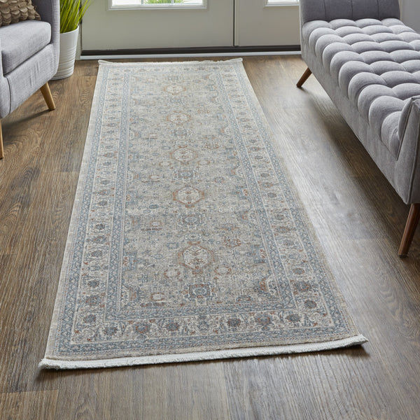 Homeroots 10' Silver Taupe And Blue Oriental Power Loom Runner Rug With Fringe Taupe Polyester 567426