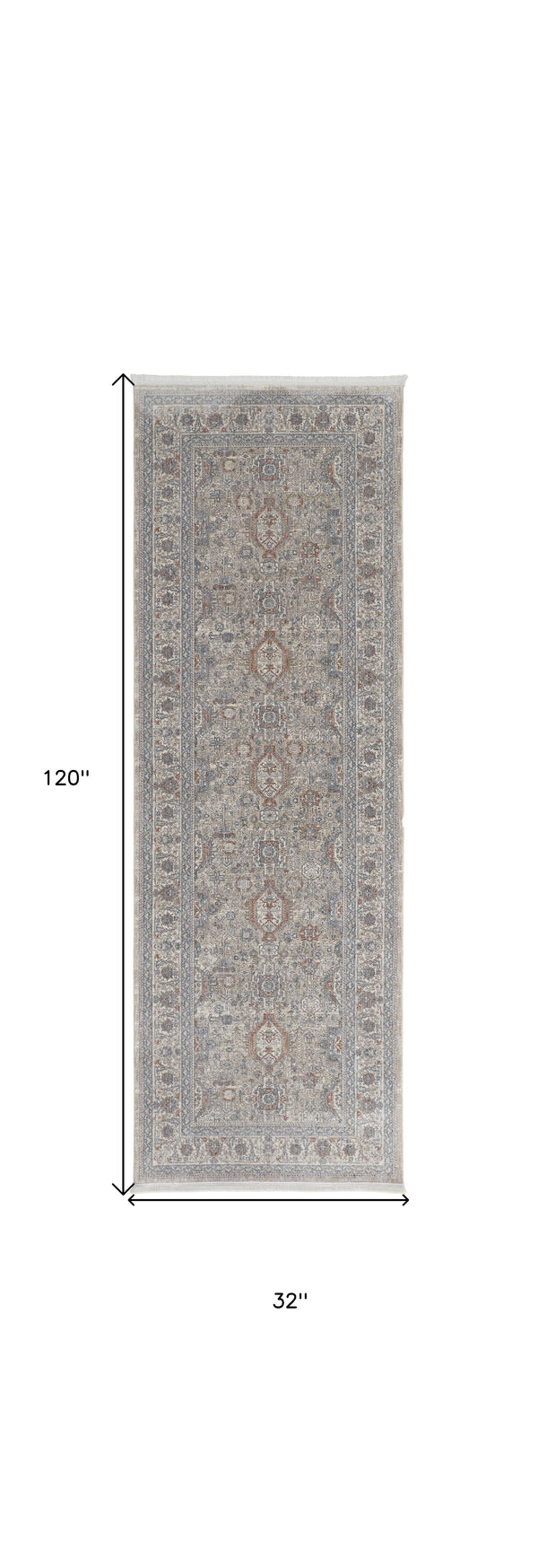 Homeroots 10' Silver Taupe And Blue Oriental Power Loom Runner Rug With Fringe Taupe Polyester 567426