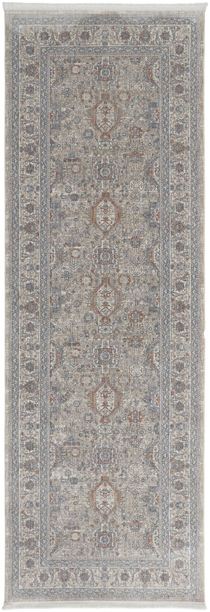 Homeroots 10' Silver Taupe And Blue Oriental Power Loom Runner Rug With Fringe Taupe Polyester 567426