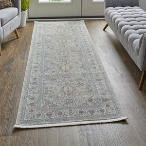 Homeroots 12' Silver Taupe And Blue Oriental Power Loom Worn Faded Runner Rug With Fringe Taupe Polyester 567427